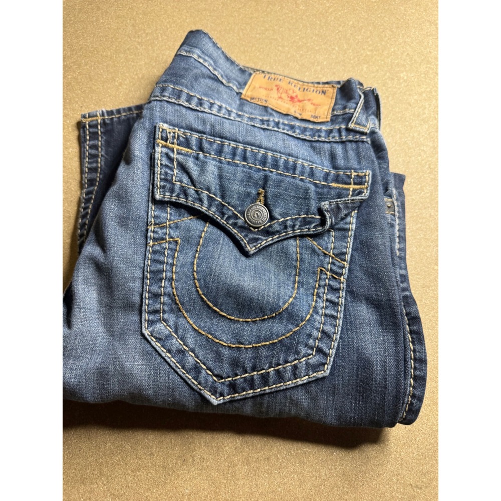 True Religion Mens Straight Leg Jeans Blue Medium Wash Contrast Stitch Size 31